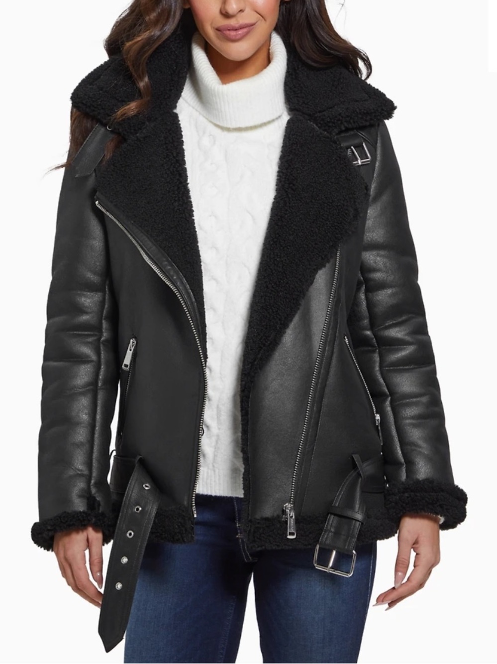 Guess Lena Belted Faux Shearling Jacket